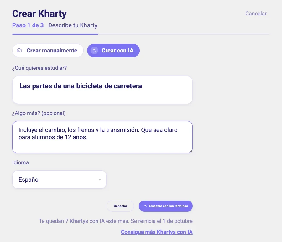 The Describe Your Kharty form with the topic "The parts of a road bike" and an extra instruction