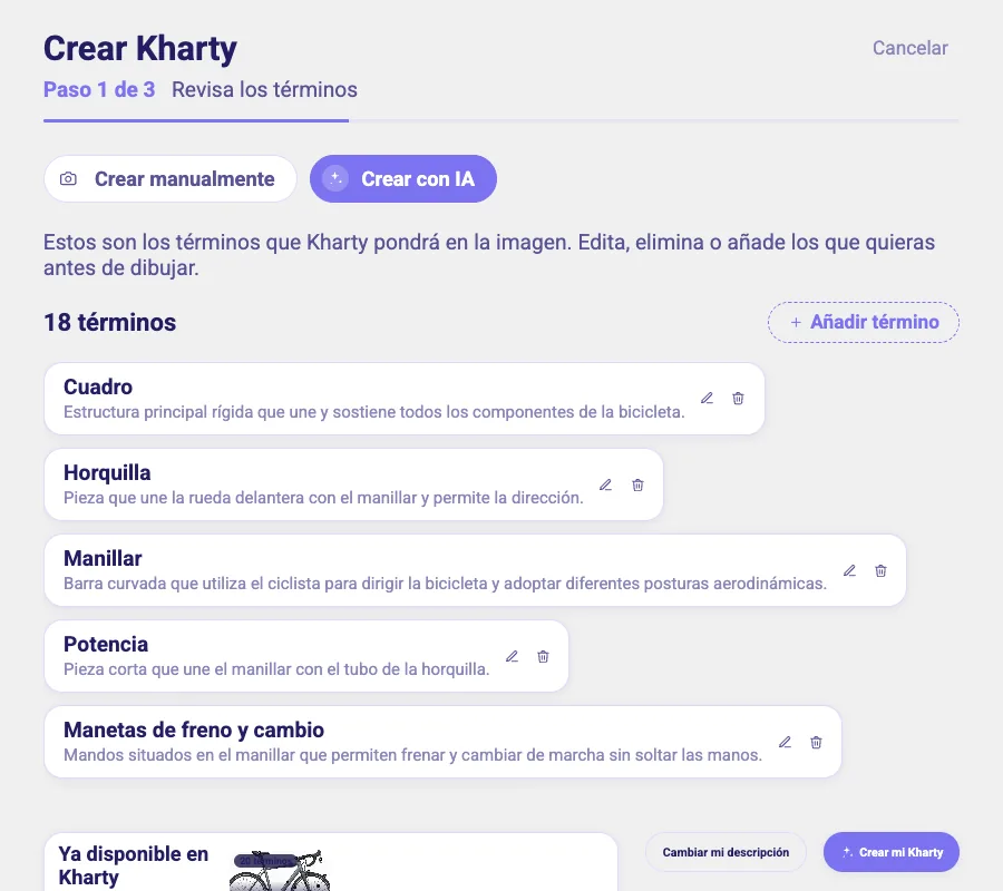The 18 terms the AI suggested for the bike, with options to edit, delete and add